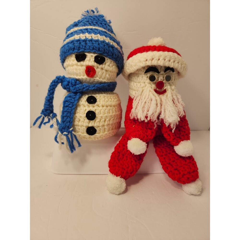 Christmas Vintage Handmade  Snowman & Santa Knit Crochet Lot Of 2